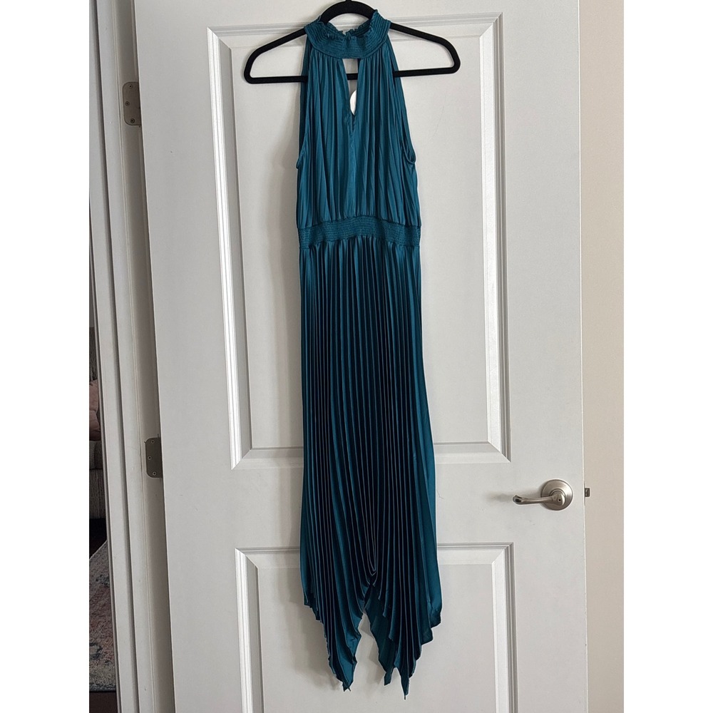 Anrabess Dark Teal Pleated Halter Midi Dress NWT Asymmetrical Hem Size M - Picture 2 of 6